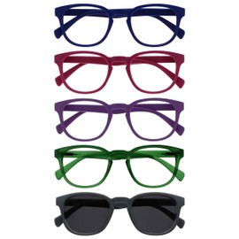 OPULIZE-Pack de 5 gafas de lectura Pop con lector de sol Retro Azul Rosa Púrpura Verde Gris Hombre Mujer RRRRS234567 +1.00