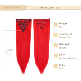 Gairyan Clip in Hair Extensions Red Hair Extension Clip in Long Straight Hairpieces 8 Pieces 24inch Synthetic Fibre Full Head Set for Women