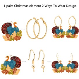 Christmas Thanksgiving Turkey Maple Leaf Drop Dangle Earrings for Women, Xmas Holiday Jewelry Turkey Earrings