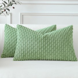 Sungeek Set of 2 Sage Green Soft Corduroy Decorative Cushion Covers Boho Striped Throw Pillow Covers for Sofa Couch Living Room Patio Farmhouse Home Decor Pillowcases 40x60cm