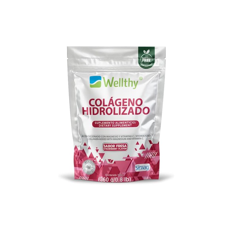 Wellthy Colágeno Hidrolizado Vitamina Magnesio Marino 360g Sabor Fresa Sugar
