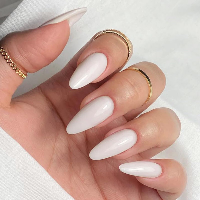 YOSOMMK Cream White Press on Nails Medium Almond Fake Nails