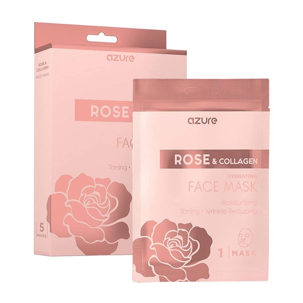 AZURE Rose & Collagen Hydrating Facial Sheet Mask - Toning, Lifting & Deeply Moisturizing Face Mask - Reduces Fine Lines & Wrinkles, Reduces Signs of Aging & Dry Patches - Skin Care Made in Korea - 5 Pack