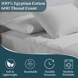Split Head Flex King Sheet Set - 100% Egyptian Cotton, 600 Thread Count Cooling Sheets, Hotel Luxury Top Split King Sheets Set for Adjustable Bed, 4 PCs Flex Head King 34" Down Sheets - Silver