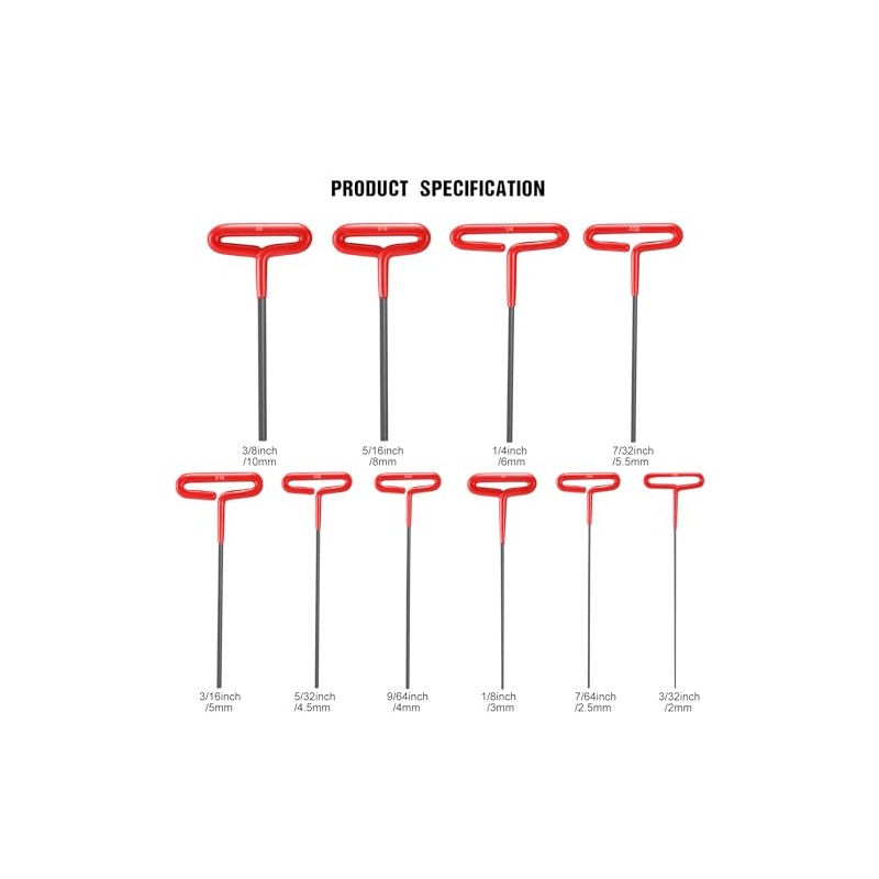 Honoson 10 Pieces T-handle Hex Key Set 9 Inch Long