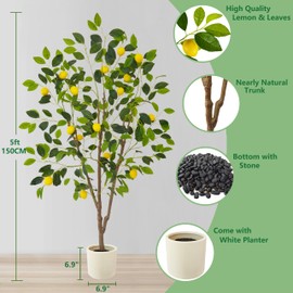 Warmplants Artificial Lemon Tree, 5ft Tall Fake Lemon Silk Plant with White Planter, Faux Lemon Plastic Fruit Tree for Indoor Home Decor Office Garden