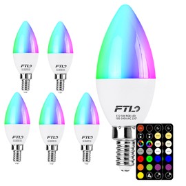 FTL E12 LED Color Changing Candelabra Light Bulb with Remote Control,5W 40W Equivalent,2700K-6000K Color Changing Light Bulbs, Dimmable 30 Colors RGB Candle Light Bulbs for Chandelier Lighting, 6-Pack