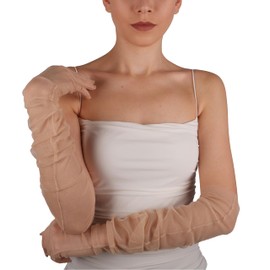 LIMELIA Bridal Wedding Gloves - Sheer Long Gloves for Women and Girls for Birthday Pageant Prom Costume Party, Henna Night | Elbow Length Tulle Gloves - Skin Color