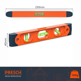Presch Spirit Level Magnetic 230mm - Small, Unbreakable and Magnetic Torpedo Level with 3 Level Bubbles - Boat Level - Scaffold Level for Builders