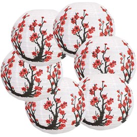 Hovico 6 Pack Chinese Japanese Red Cherry Flowers Paper Lantern,12 Inch White Round Chinese Japanese Paper Lamp for Home Wedding Party Decoration