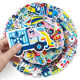 50Pcs Transportation Stickers for Water Bottle,Notebook,Scrapbook,Luggage,Bike,Laptop, Suitcase,Bumper,Cute VehicleTruck Vinyl Sticker,Kids Teens Gift,Cartoon Car Fire Truck Waterproof Decals