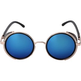 OWL Steampunk 002 Retro Gothic Vintage Hippie Colored Metal Round Circle Frame Sunglasses Blue Mirror Lens