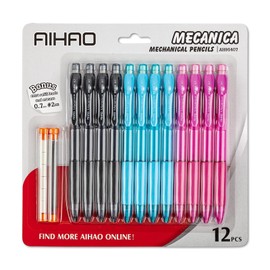 AIHAO Mechanical Pencil, Thick Point, 0.9mm HB lead pencils with refills and cap erasers, Comfort Grip, Assorted Barrel Colors, 12 Pack