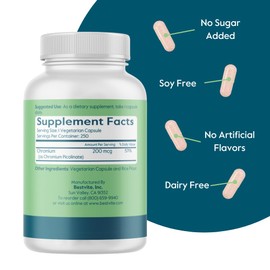 BESTVITE Chromium Picolinate 200mcg (250 Vegetarian Capsules) - No Stearates - No Dicalcium Phosphate - Vegan - Gluten Free - Non-GMO