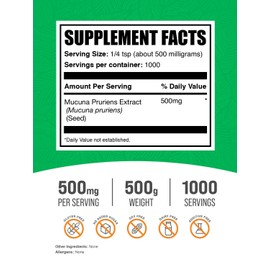 BulkSupplements.com Mucuna Pruriens Extract Powder - Mucuna Pruriens Supplements, Herbal Supplement - Vegan & Gluten Free, 500mg per Serving, 500g (1.1 lbs) (Pack of 1)