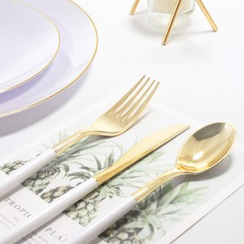DaYammi 30 Guests Gold Plastic Plates with Disposable Silverware, Gold Cutlery with White Handle, White&Gold Disposable Dinnerware for Parties Wedding
