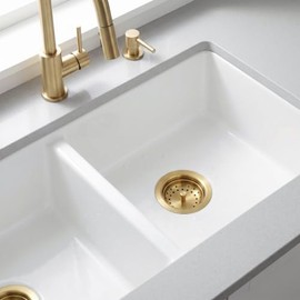 LQS Montaje de Drenaje para Fregadero de Cocina, colador de Cesta de Drenaje de Fregadero de Acero Inoxidable 304 con Cesta de colador extraíble y tapón de 3-1/2 Pulgadas, Dorado