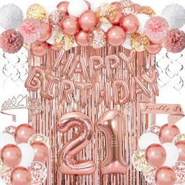 Ouddy Life Rose Gold 21st Birthday Party Decorations for Her, Rose Gold Balloons Happy Birthday Banner Crown Sash Tissue Paper Pompoms for Girls Women 21 Birthday Decoration Princess Party Supplies