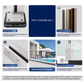 Double-Sided Glass Railing Spigot by LukLoy, Heavy Duty 4.3LB Wind-Resistant Glass Spigots SS304 Glass Railing System for Home Garden Stairs Balustrade Balcony(4 Pack, Brush Corner Spigot)