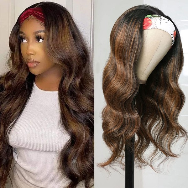 Sunber Headband Wig #FB30 Color Highlights Body Wave Human Hair Wigs Balayage Ombre Highlight With Dark Roots 12A Brazilian Virgin Hair None Lace Body Wave Headband Wigs for Women 180% Density 24Inch