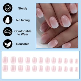 Pack of 24 Square Glue-On Nails, Light Pink Colour Gradient, French Artificial Nails, Short Press On Nails with Nail Glue Sticker, Square False Nails, Fingernails for Sticking on for Women