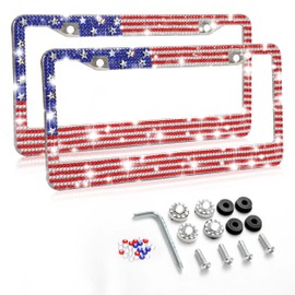 MENEONE License Plate Frame, 2 Pack USA Flag Bling Rhinestone License Plate Frame Holder, Metal Rust-Proof American Patriotic Flag Sparkling Diamond License Plate Frame for Car Truck SUV