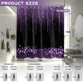 Yieldeer Black and Purple Shower Curtain Sparkle Shimmer Bathroom Decor Shiny Bath Curtain, (No Glitter), Waterproof Cloth Fabric with Hooks, 72x72 inch