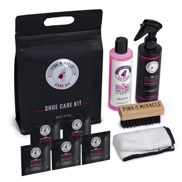 Pink Miracle Shoe Care Kit - Includes 8 oz. Shoe Cleaner and Brush, The Protector Sneaker Repellent Spray, Shoe Cleaning Wipes (5), and a Microfiber Towel