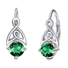 Celtic Birthstone Earrings 925 Sterling Silver Trinity Knot Leverback Earrings May Birthstone Jewellery Gift for Women Girls
