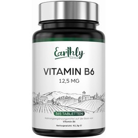 Vitamin B6 12.5 mg, 365 vegan tablets, contributes to a healthy metabolism, normal function of the nervous and immune system, contributes to the reduction of fatigue. Earthly Nutrition