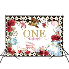 Fitumiw Wonderland 1st Birthday Backdrop 8x6ft Tea Party Onederland Happy First Bday Background Party Decorations for Kids Fairy Tale Birthday Banner Photo Booth Props