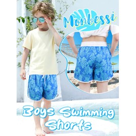 Monbessi Badehose Jungen mit Taschen Tropisches Muster Badeshorts Jungen mit Futter Schwimmhose 5-12 Jahre(XS, Blaue Blätter)