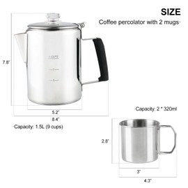 APOXCON Multi Use 9 Cup Coffee Pot Bundle Coffee Percolator with 2 Mugs Stainless Steel Coffee Maker with Two Heat Resistant Borosilicate Glass Knob Fireproof Silica Handle Using on any Stovetop
