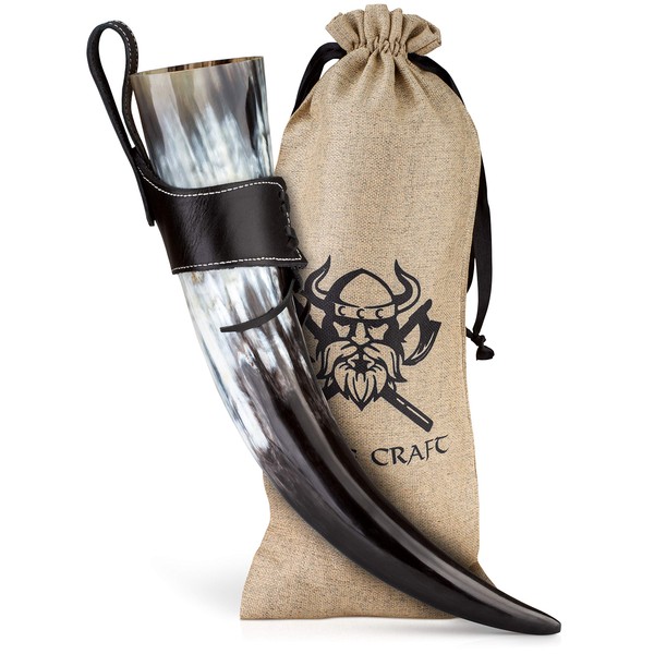 Viking Craft® Viking Drinking Horn, approx. 450 ml – Authentic 3-Piece Horn Set for Viking Mead Honey Wine with belt holder – Methorn Viking Decoration, LARP Medieval Beer Tankard, Honey Mead