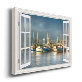 Renditions Gallery Canvas Nautical Art Scenic Window View for Home Shrimp Boats Docked at Sea Canvas Art Prints for Bedroom Living Room Office Walls - 24X36 LT38