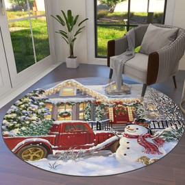 Christmas Snowman Round Area Rugs 5 ft Diameter Indoor Mats Farmhouse Happy New Year Red Truck Snowflake Xmas Tree Soft Living Room Bedroom Unique Carpet Woman Yoga Mat Home Decor