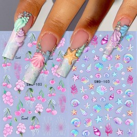 Summer Nail Art Stickers 3D Self-Adhesive Nail Decals Seashell Starfish Whale Sticker for Nails Designs Cherry Grapes Fruit Nail Stickers Ocean Nail Art Supplies for Women (4 Sheets)