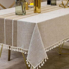 Nesrefyn Tablecloths for Square Tables, Cotton Linen Table Cloth Non-slip Tablecloth Wrinkle Free Farmhouse Dining Table Cover, Soft Fabric Table Cloths with Tassels, Coffe, 55" X 55", 2-4 Seats