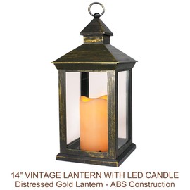 Bright Zeal 14" Tall Vintage Decorative Lantern with LED Pillar Candle (Distressed Gold) - Outdoor Lights Decorative Hanging - Battery Lantern with Timer - Vintage Candle Light