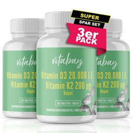 Vitabay Vitamin D3 K2 20000 IE hochdosiert - 540 VEGAN & LABORGEPRÜFTE Vitamin D3K2 Tabletten hochdosiert - Vitamine Vitamin D Vitamin K2 20000 K Sonnenvitamine D3K2 Vitamin D3K2 hochdosiert Vit D3 K2