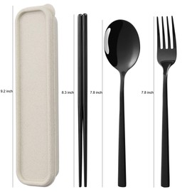 Sunwinc 3 Pcs Camping Silverware,Stainless Steel Travel Outdoor Flatware Set Chopsticks Spoon Fork/Portable Travel Work Utensils Cutlery Set with a Wheat Straw Case (Black-1set)