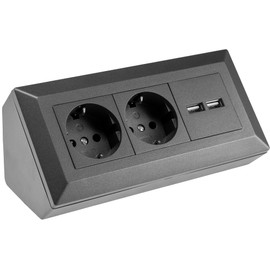 ChiliTec Socket Block Corner Socket 2-Way Socket 2 x USB-A 3.1 A Multiple Socket for Kitchen Office Construction Base Mounting Anthracite