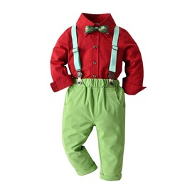 Xifamniy Baby Toddler Boys Christmas Outfit Gentleman Shirt 2T 3T Suspender Overalls Clothes (Green, 5-6T)
