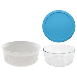 Corningware FS1 2.5 qt / 2.35 L Round French White Casserole Dish and Pyrex 7203 7 Cup Glass Container with 7402-PC Bright Blue Pantone Lid