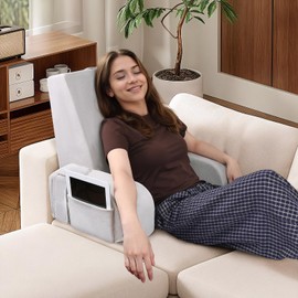 LEBENGURU 20" Bed Reading Pillow for Sitting in Bed Adult, Upgrade Backrest Support Pillow with Armrest Strap-on, Bed Chair Pillow with Removable Cover and Pocket for Relaxing, Reading, or Watching TV