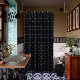 Gibelle Black Boho Farmhouse Shower Curtain with Tassels, Rustic Cottagecore Aesthetic Bohemian Chic Modern Bathroom Decor Thick Waffle Textured Fabric Shower Curtain Set with Hooks, 72x72