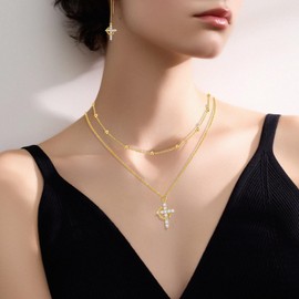 AamAccess Crown Cross Necklace for Women 14K Gold/Silver Plated Cubic Zirconia Diamond Pendant Necklaces Cute Fashion Simple Jewelry Gifts (Gold 1)