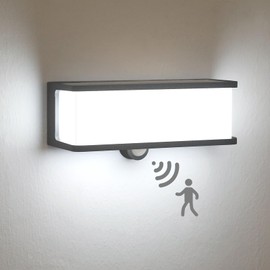 HFVLITE - Lámpara solar de pared para exteriores con sensor de movimiento, lámpara de valla brillante de aluminio, modo de 3 iluminaciones, linterna exterior impermeable IP54 para jardín, patio,