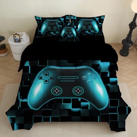 PALENVILI Boys Gamer Comforter Set 6 Pieces Full Size Gaming Bedding Set with Sheets Video Game Console Bed in a Bag for Kids Girls Teens (Teal, Full)