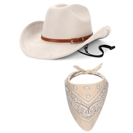 Ibeauti Cowboy Hat with Fringed Bandana Set for Women Wide Brim Western Cowgirl Hat Paisley Head Wrap Scarf (Suede Fabric-Beige)